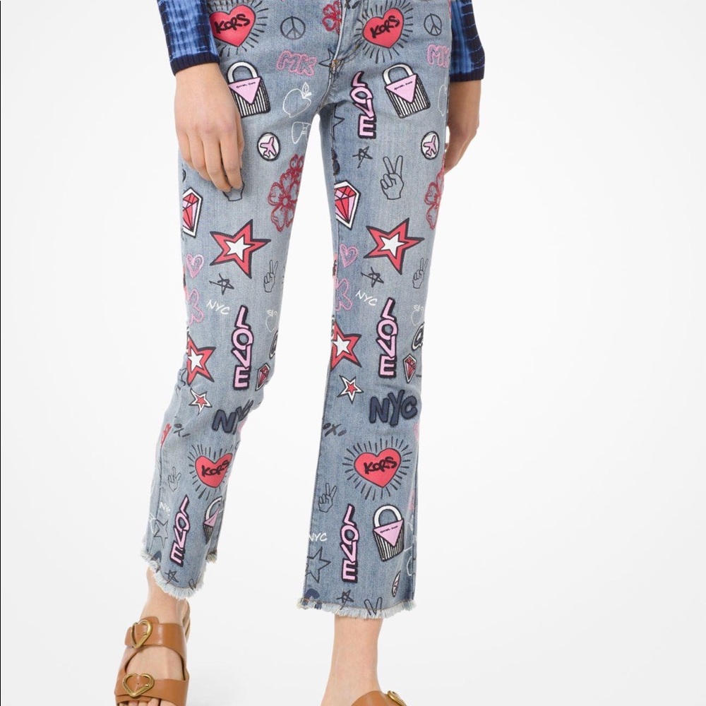 Like New - Michael Kors Women's Blue Graffiti Embroidered Cropped Jeans